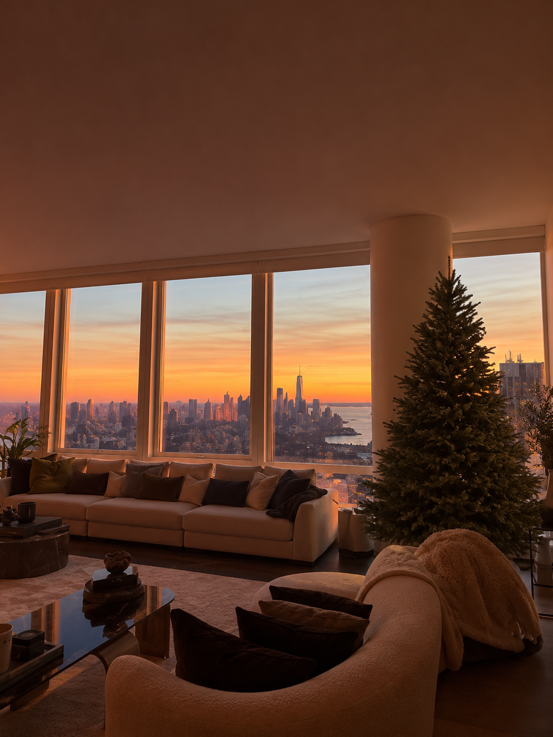 Christmas tree in a living room overlooking New York City at sunset